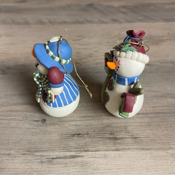 Vintage Polymer Clay Folk Art Style Snowman And Snow Women Ornament 3 “ - Picture 2 of 7